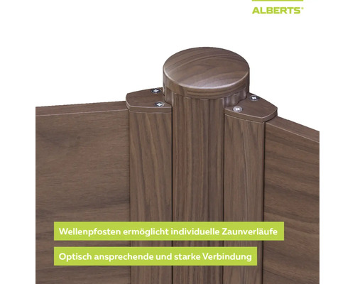 Alberts Wellenpfosten für Sichtschutzzäune in Holzoptik mit runder Pfostenkappe und stabilen Verbindungen.