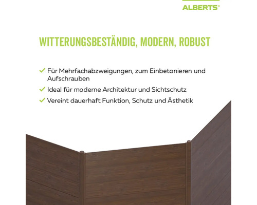 Alberts Produktinfo zu witterungsbeständigem, modernem und robustem Sichtschutzzaun in Holzoptik für Mehrfachabzweigungen.