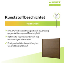 Alberts Produktmerkmale für Sichtschutzzäune: Kunststoffbeschichtet, 30 Jahre Haltbarkeit und windbeständig bis 120 Kilometer pro Stunde.
