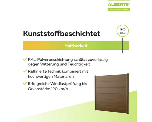 Alberts Produktmerkmale für Sichtschutzzäune: Kunststoffbeschichtet, 30 Jahre Haltbarkeit und windbeständig bis 120 Kilometer pro Stunde.