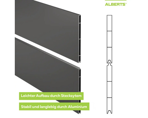 Alberts Aluminium-Profilbretter für Steckzaun mit einfachem Stecksystem, stabil und langlebig.