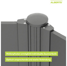 Detailansicht eines Wellenpfostens für die Zaunmontage mit Sichtschutzelementen für flexible Winkelverläufe, Alberts Logo.