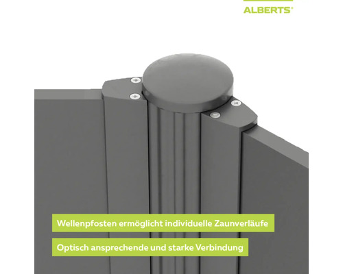 Detailansicht eines Wellenpfostens für die Zaunmontage mit Sichtschutzelementen für flexible Winkelverläufe, Alberts Logo.