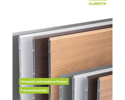 Alberts Profilbretter in Holzoptik und verschiedenen Dekoren, frei kombinierbar.