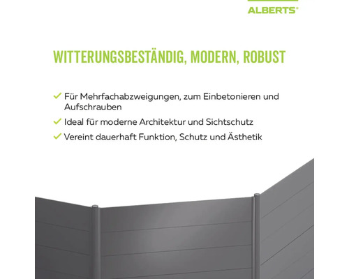 Alberts Infografik für witterungsbeständige und robuste Sichtschutzzäune mit Produktmerkmalen.