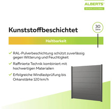 Alberts Sichtschutzzaun: kunststoffbeschichtet, RAL-pulverbeschichtet, windlastgeprüft bis 120 Kilometer pro Stunde, 30 Jahre Haltbarkeit.