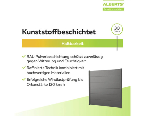 Alberts Sichtschutzzaun: kunststoffbeschichtet, RAL-pulverbeschichtet, windlastgeprüft bis 120 Kilometer pro Stunde, 30 Jahre Haltbarkeit.