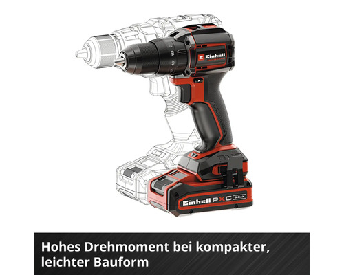 Einhell Akku-Bohrschrauber mit integriertem Einhell Logo und technischer Zeichnung im Hintergrund