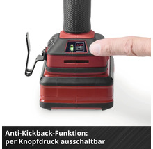 Nahaufnahme einer Akku-Maschine mit Bedienfeld zur Deaktivierung der Kickback-Funktion per Knopfdruck