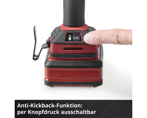 Nahaufnahme einer Akku-Maschine mit Bedienfeld zur Deaktivierung der Kickback-Funktion per Knopfdruck