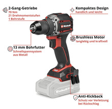 Einhell Professional Akku Bohrschrauber mit Beschriftungen für Produktmerkmale wie Zweiganggetriebe und bürstenloser Motor