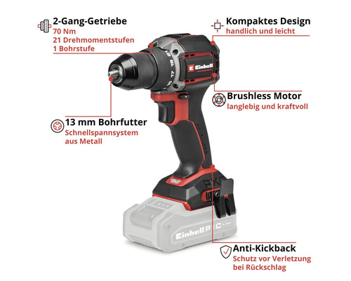Einhell Professional Akku Bohrschrauber mit Beschriftungen für Produktmerkmale wie Zweiganggetriebe und bürstenloser Motor