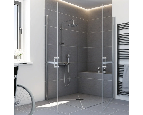 Moderne Duschkabine mit Glas-Falttür, verchromtem Duschsystem und grauen Fliesen