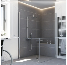 Barrierefreie Duschkabine aus Glas mit geteilten, separat zu öffnenden Drehtüren, Duschsystem und integrierter Sitzbank.