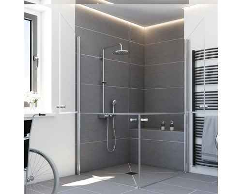 Barrierefreie Duschkabine aus Glas mit geteilten, separat zu öffnenden Drehtüren, Duschsystem und integrierter Sitzbank.