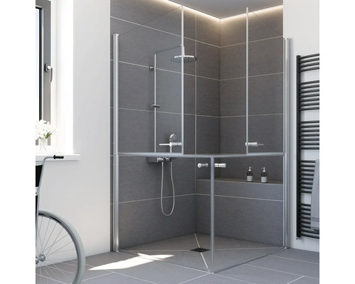 Barrierefreie Eckdusche mit halbhohen Pendeltüren aus Glas, grau gefliestem Duschbereich und Duscharmatur.