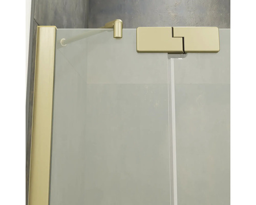 Detailansicht einer Duschtrennwand aus Glas mit Beschlägen und Wandprofil in Metalloptik