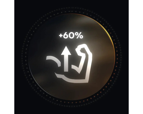 Symbol mit einem angewinkelten Arm und einem Pfeil nach oben als Zeichen für eine Leistungssteigerung um 60 Prozent