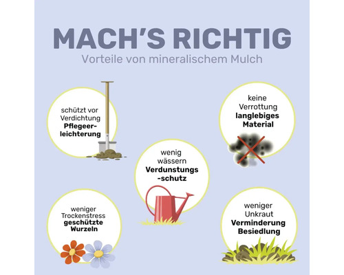 Vorteile von mineralischem Mulch: schützt vor Verdichtung, verringert Verdunstung, verrottet nicht, schützt Wurzeln und mindert Unkraut.