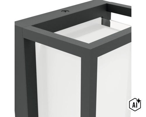 Moderne Außenwandleuchte mit eckigem Rahmen und integriertem Leuchtmittel für eine gleichmäßige Lichtverteilung. (Image AI modified or generated)