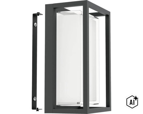 Moderne Wandleuchte in rechteckiger Form mit mattem Rahmen und Glasdiffusor für den Außenbereich. (Image AI modified or generated)