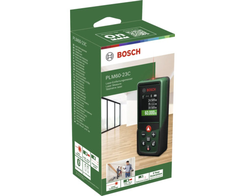 Bosch Laser Entfernungsmesser PLM60-23C mit einer Reichweite von 60 Metern in der Produktverpackung