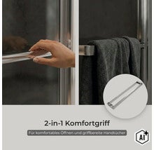 Duschkabinen Türgriff mit integriertem Handtuchhalter aus Metall für bequemes Öffnen und praktische Handtuchaufbewahrung in der Dusche. (Image AI modified or generated)