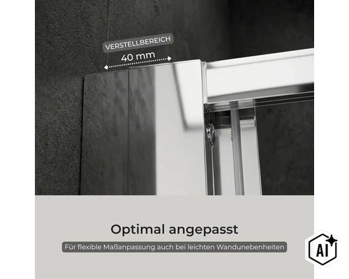 Duschwandprofil mit 40 Millimeter Verstellbereich für flexible Montage bei Wandunebenheiten. (Image AI modified or generated)