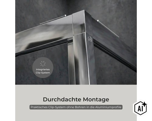 Duschkabinen Aluminiumprofil Eckverbindung mit integriertem Clipsystem für eine bohrfreie Montage. (Image AI modified or generated)