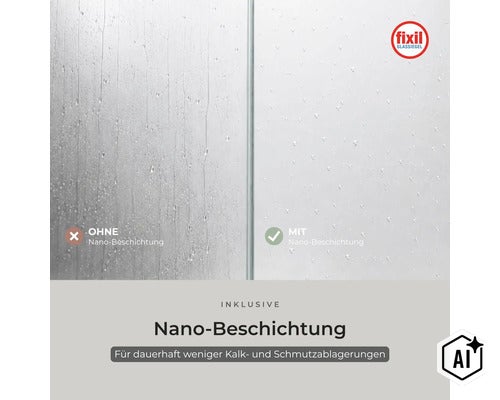 Vergleich von Duschglas ohne und mit Fixil Glasversiegelung für weniger Kalk und Schmutz durch Nano-Beschichtung. (Image AI modified or generated)