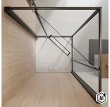 Moderne Duschtrennwand aus Glas mit stabilisierendem Rahmen in einem Badezimmer mit hellen Fliesen. (Image AI modified or generated)