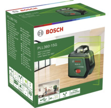 Bosch 360 Grad Linienlaser PLL360-15G mit grünem Laser, USB-C Anschluss und 30 Meter Reichweite in der Produktverpackung
