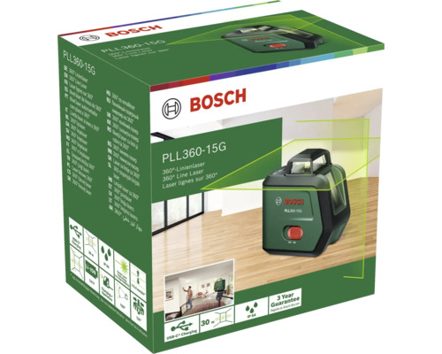 Bosch 360 Grad Linienlaser PLL360-15G mit grünem Laser, USB-C Anschluss und 30 Meter Reichweite in der Produktverpackung