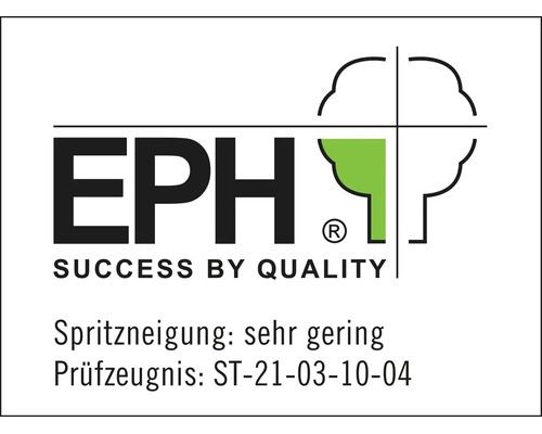EPH Qualitaetssiegel fuer sehr geringe Spritzneigung mit Pruefzeugnisnummer ST-21-03-10-04