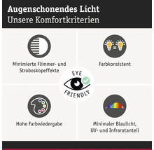 Infografik zu den Komfortkriterien für augenschonendes Licht mit Fokus auf Flimmerfreiheit, Farbkonsistenz, Farbwiedergabe und geringe Strahlung.