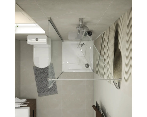 Draufsicht eines modernen Badezimmers mit quadratischer Duschkabine aus Glas, wandhängendem WC und Waschtisch auf gefliestem Boden.