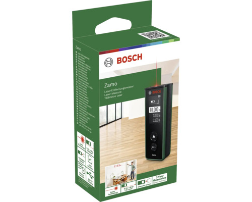 Bosch Laser-Entfernungsmesser Zamo in Verpackung mit Anzeige von Messbereich und technischen Funktionen