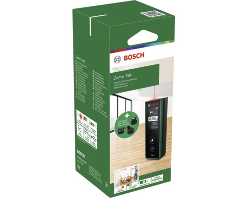 Bosch Zamo Set Laser-Entfernungsmesser mit Adaptern und 3 Jahren Garantie in der Produktverpackung.