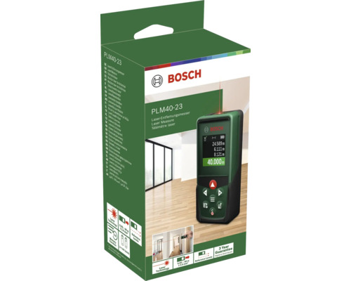 Bosch Laser Entfernungsmesser PLM 40-23 in Verpackung mit technischen Angaben und Anwendungsszenario