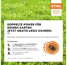 Stihl Aktionsgrafik für ein kostenloses Akku AS System Angebot beim Kauf ausgewählter Sets mit Stihl Logo und 100 Jahre Jubiläumslogo.