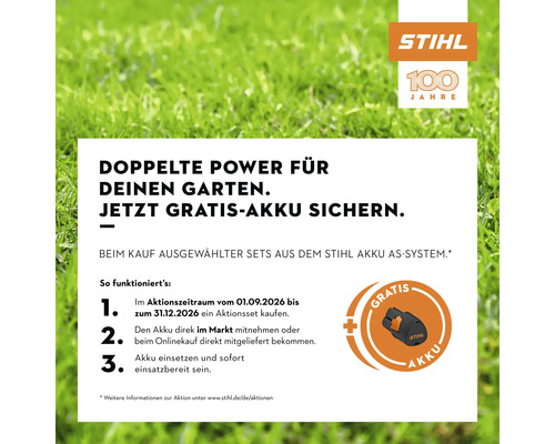 Stihl Aktionsgrafik für ein kostenloses Akku AS System Angebot beim Kauf ausgewählter Sets mit Stihl Logo und 100 Jahre Jubiläumslogo.