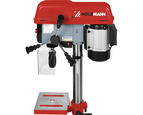 Holzmann Tischbohrmaschine mit Bohrfutter und Schutzvorrichtung auf einem stabilen Maschinentisch montiert