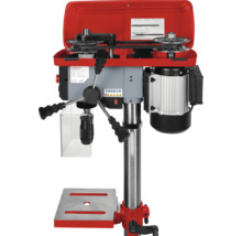 Holzmann Tischbohrmaschine mit geöffneter Riemenabdeckung, Bohrfutter und Arbeitstisch zur präzisen Metall- und Holzbearbeitung.