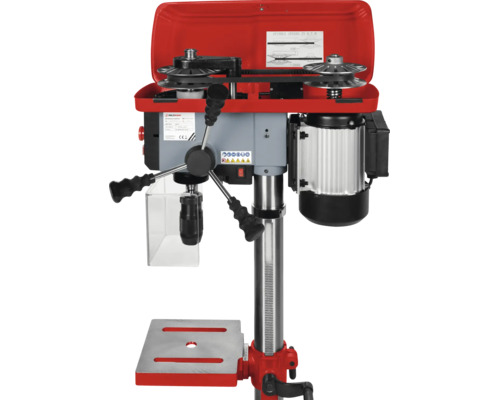 Holzmann Tischbohrmaschine mit geöffneter Riemenabdeckung, Bohrfutter und Arbeitstisch zur präzisen Metall- und Holzbearbeitung.