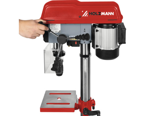 Holzmann Tischbohrmaschine mit Handbedienung und Bohrfutter Schutzabdeckung für präzise Bohrarbeiten in der Werkstatt.