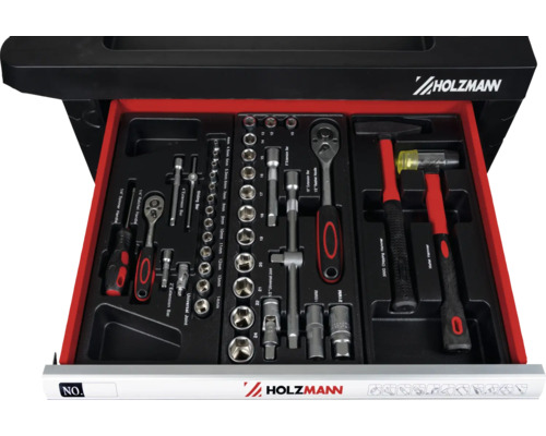 Holzmann Werkzeugschublade bestückt mit Steckschlüsselsatz, Ratschen, Verlängerungen, Hammer und Schonhammer.