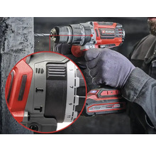 Einhell Akku Schlagbohrschrauber im Einsatz mit Detailansicht der Drehmoment- und Funktionswahleinstellungen.