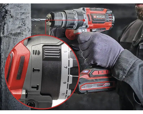 Einhell Akku Schlagbohrschrauber im Einsatz mit Detailansicht der Drehmoment- und Funktionswahleinstellungen.