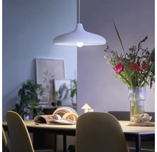 Moderne Pendelleuchte über einem Esstisch in einem hellen, wohnlichen Esszimmer mit Blumenstrauß und Dekoration.