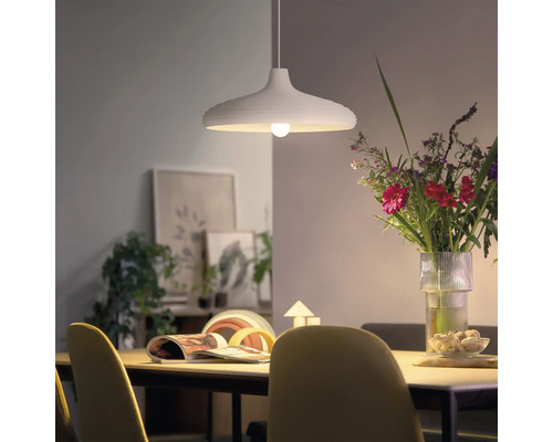 Moderne Pendelleuchte über einem Esszimmertisch mit Blumenstrauß und Dekoration im Hintergrund in einem hellen Wohnraum.